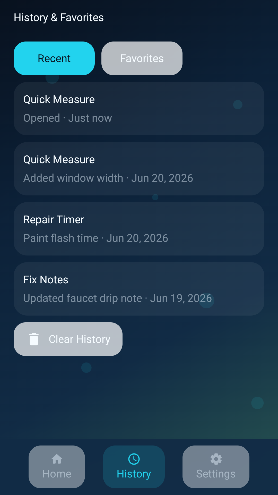 History and favorites screen
