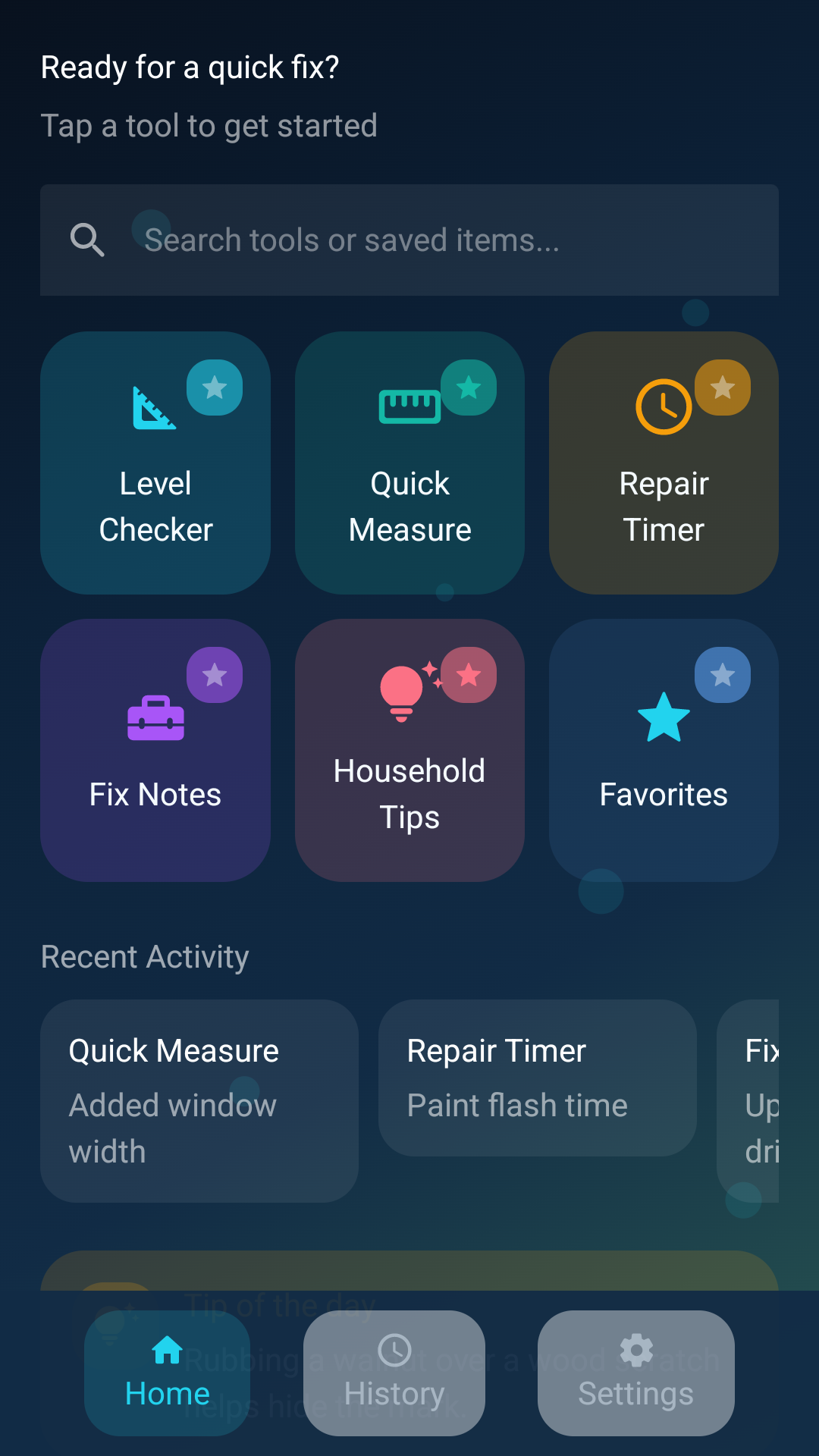 SnapFix Toolbox home screen with tools and recent activity