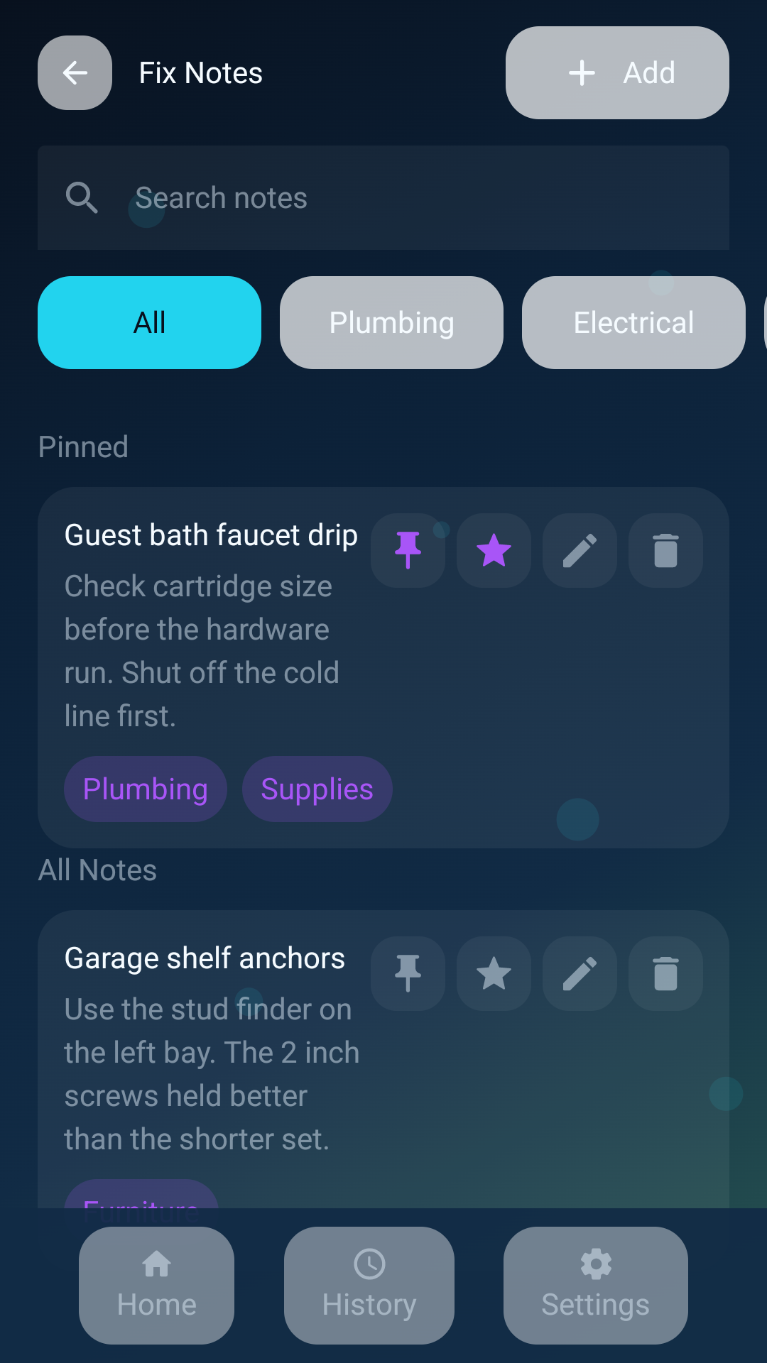 Fix notes screen with categories and pinned notes